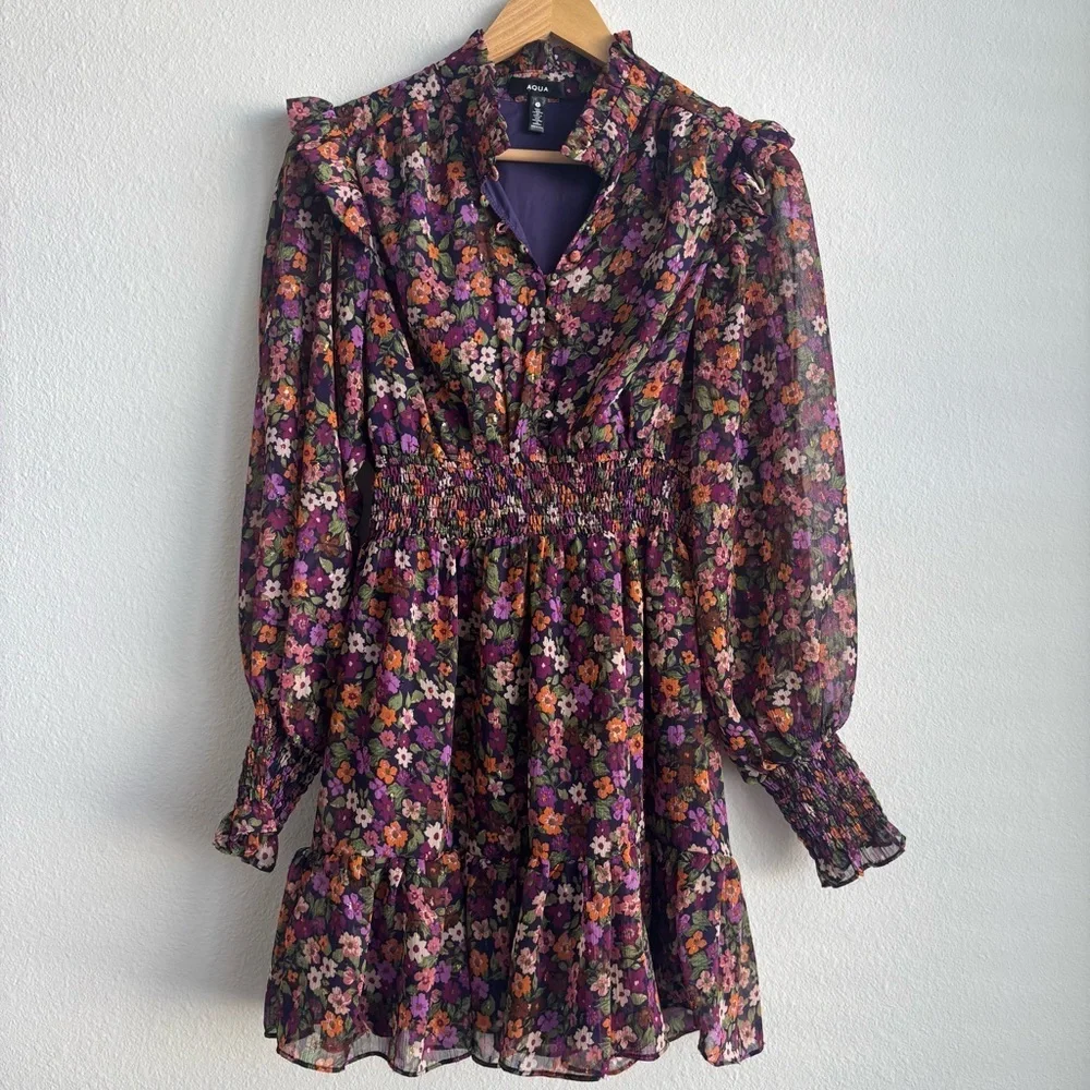 Aqua Multicolor Floral Long Sleeve Ruffled Mini Smocked Dress Exclusive Small